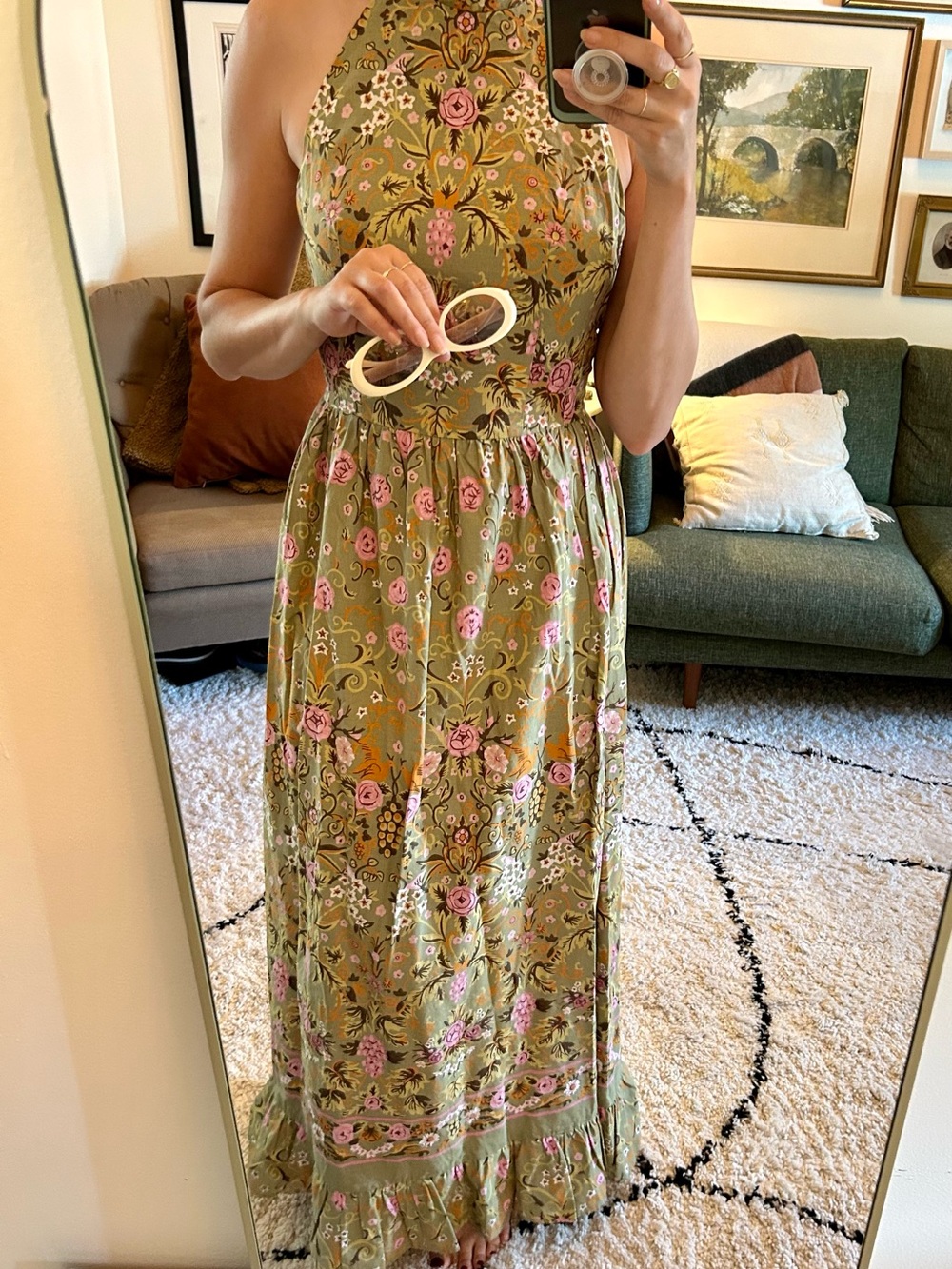 Vintage Floral Halter Maxi Dress in Olive Green with Pink Floral Pattern